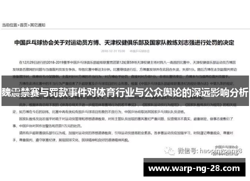 魏震禁赛与罚款事件对体育行业与公众舆论的深远影响分析
