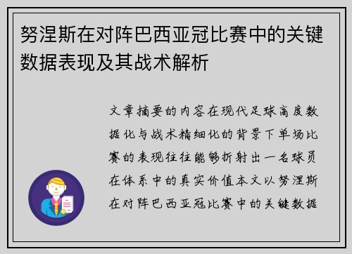 努涅斯在对阵巴西亚冠比赛中的关键数据表现及其战术解析