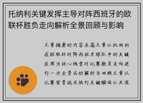 托纳利关键发挥主导对阵西班牙的欧联杯胜负走向解析全景回顾与影响